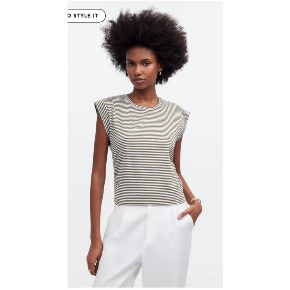 Madewell Black and White Striped Padded-Shoulder Tee